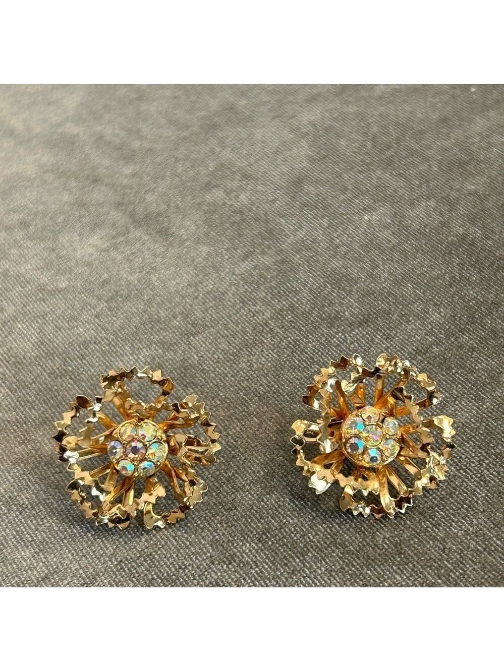 Sarah Coventry Allusion Flower AB Rhinestone Clip On Earrings Gold Tone 1960s